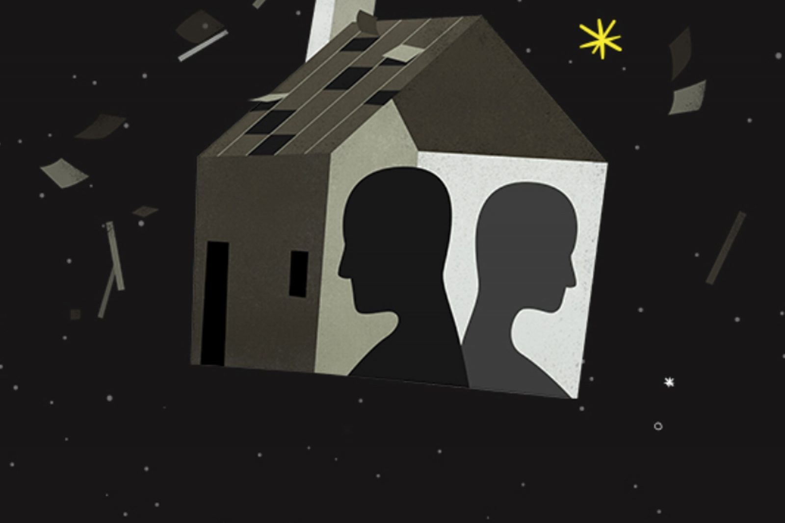 Graphic of two faces silhouetted in a house