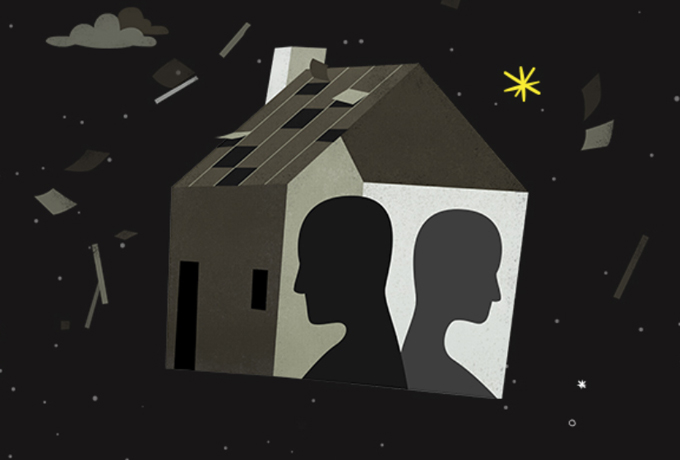 Graphic of two faces silhouetted in a house