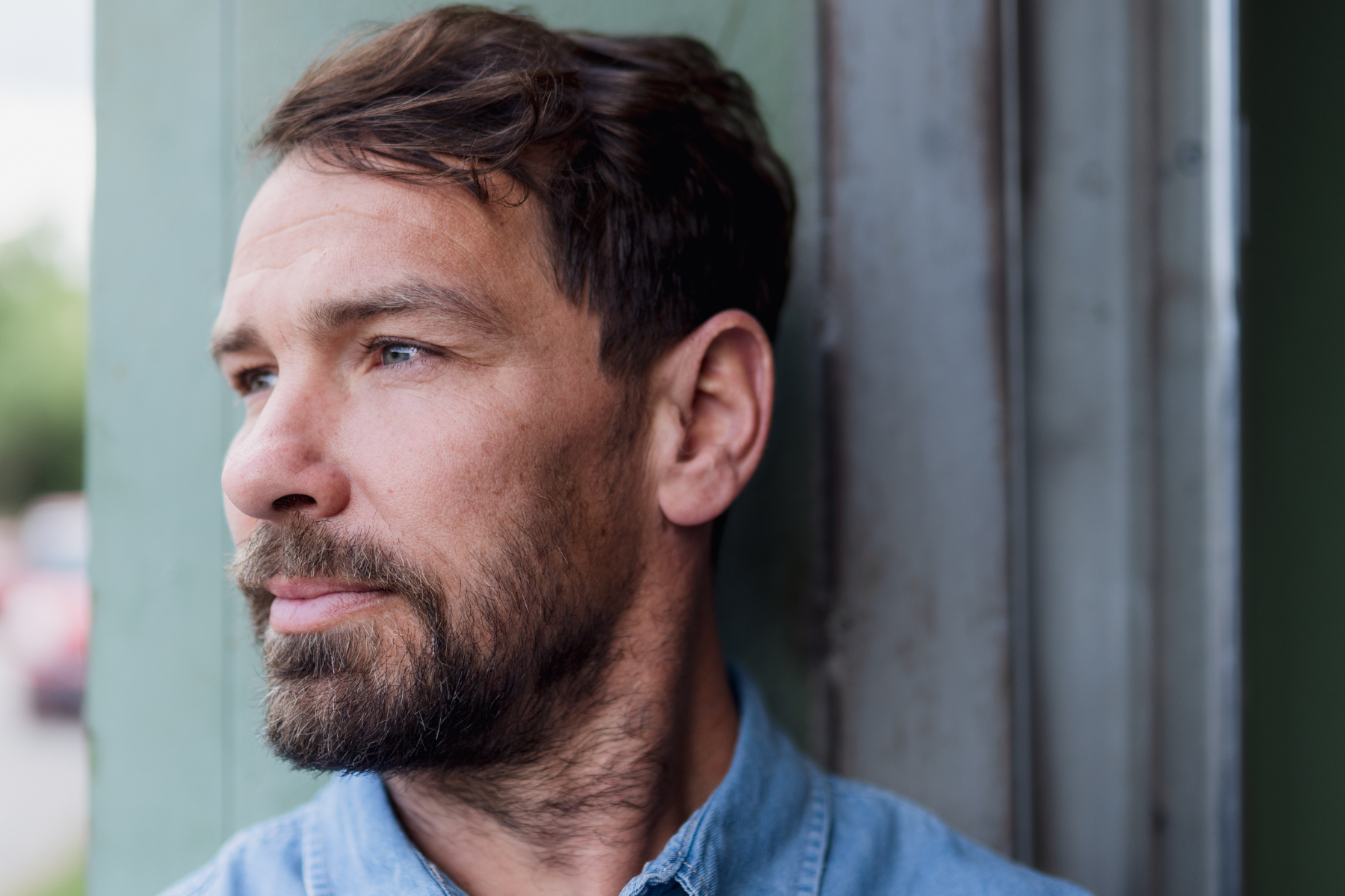 Close up portrait of man pensive and thinking